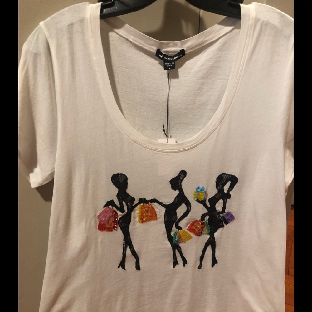 NWT fun and fabulous Michael Simon embellished white scoop neck short sleeve T